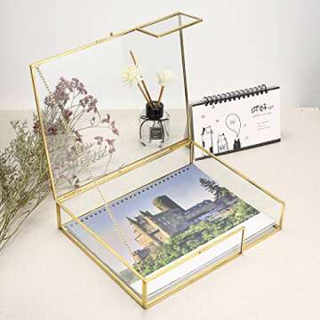 Hipiwe Gold Glass Photo Box,Vintage Photo Storage Organizer, Trinket Box Jewelry Display Organizer Keepsake Box Case Home Decor (Large)