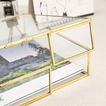 Hipiwe Gold Glass Photo Box,Vintage Photo Storage Organizer, Trinket Box Jewelry Display Organizer Keepsake Box Case Home Decor (Large)