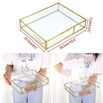 Hipiwe Gold Glass Photo Box,Vintage Photo Storage Organizer, Trinket Box Jewelry Display Organizer Keepsake Box Case Home Decor (Large)