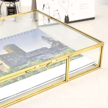 Hipiwe Gold Glass Photo Box,Vintage Photo Storage Organizer, Trinket Box Jewelry Display Organizer Keepsake Box Case Home Decor (Large)