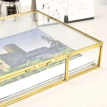 Hipiwe Gold Glass Photo Box,Vintage Photo Storage Organizer, Trinket Box Jewelry Display Organizer Keepsake Box Case Home Decor (Large)