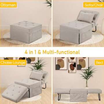 FHFO Sleeper Ottoman Bed Chair, 4 in 1 Folding Ottoman Chair Bed with Adjustable Backrest & Pillow, Multi-Function Futon Couch No Assembly for Small Space Living Room Apartment Office, 28"Width Beige