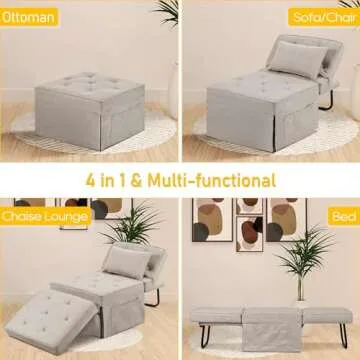 FHFO Sleeper Ottoman Bed Chair, 4 in 1 Folding Ottoman Chair Bed with Adjustable Backrest & Pillow, Multi-Function Futon Couch No Assembly for Small Space Living Room Apartment Office, 28"Width Beige