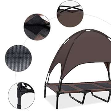 Niubya Outdoor Dog Bed with Canopy, Elevated Dog Bed with Removable Canopy Shade, Outside Portable Cooling Raised Pet Cot for Dogs and Cats, 48 Inches, Brown