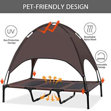 Niubya Outdoor Dog Bed with Canopy, Elevated Dog Bed with Removable Canopy Shade, Outside Portable Cooling Raised Pet Cot for Dogs and Cats, 48 Inches, Brown