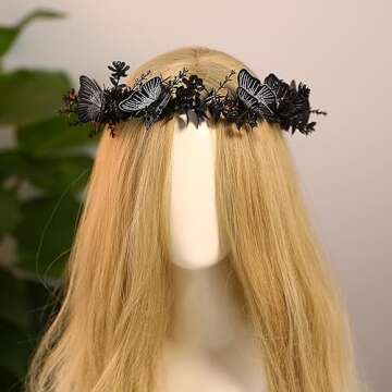 MOSTORY Handmade Black Flower Butterfly Crown - Gohic Elf Headpiece Fairy Floral Headband Dark Wreat...