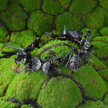 MOSTORY Handmade Black Flower Butterfly Crown - Gohic Elf Headpiece Fairy Floral Headband Dark Wreath for Women Girls Halloween Renaissance Cosplay Festival Witch Party