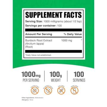 BulkSupplements.com Burdock Root Extract Powder - Burdock Root Supplement, Burdock Root Powder - Herbal Supplement, Gluten Free, 1000mg per Serving, 100g (3.5 oz) (Pack of 1)