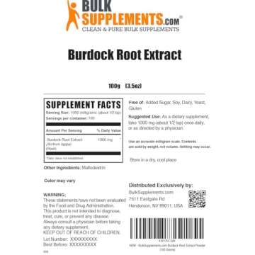 BulkSupplements.com Burdock Root Extract Powder - Burdock Root Supplement, Burdock Root Powder - Herbal Supplement, Gluten Free, 1000mg per Serving, 100g (3.5 oz) (Pack of 1)