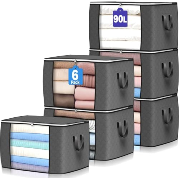 90L Large Storage Bags 6-Pack - Foldable Closet Organizers with Reinforced Handles