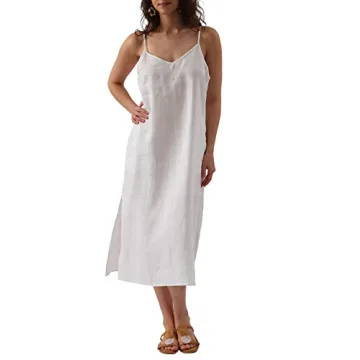 Amazhiyu Women's Pure Linen Summer V Neck Midi Spaghetti Strap Slip Dress