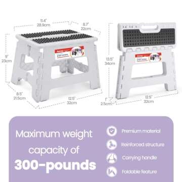 ACSTEP 9 Inch Folding Step Stool 300 LB Capacity Non Slip Foot Stool with Handle Plastic Foldable Step Stools for Kids Stepping Stool for Bathroom Black Small Step Stool (1 PC White)