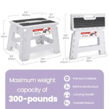 ACSTEP 9 Inch Folding Step Stool 300 LB Capacity Non Slip Foot Stool with Handle Plastic Foldable Step Stools for Kids Stepping Stool for Bathroom Black Small Step Stool (1 PC White)