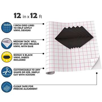 Kassa Transfer Tape Roll for Vinyl - Clear | 12 in x 12 ft, 5 Black Vinyl Sheets Included | Compatible with Cricut, Silhouette & Other Cutting Machines | for DIY Art Projects, Styling & Decorating