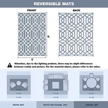 wikiwiki Outdoor Rug, 5x8ft Waterproof Reversible Mat Indoor Outdoor Rugs Carpet, Small Area Rug Plastic Straw Rug for Patio Deck Balcony Pool RV Camping Beach Picnic, Grey, Rugscape Series