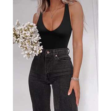 SAUNGKUAI Women’s Bodysuit Sexy Plunge Deep V Neck Backless Sleeveless Tank Thong Body Suits Outfits for Going Out Black M