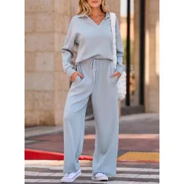 EVALESS Two Piece Sets for Women Fall Spring 2025 Lounge Sets Casual Long Sleeve V Neck Sweatshirt a...