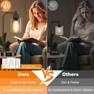 Set of 2 Industrial Touch Control Table Lamps with 2 USB Ports and AC Outlet - 3-Way Dimmable Black Bedside Lamps Nightstand Desk Lamps for Bedroom Living Room, Glass Shade & 2 LED Bulbs Included