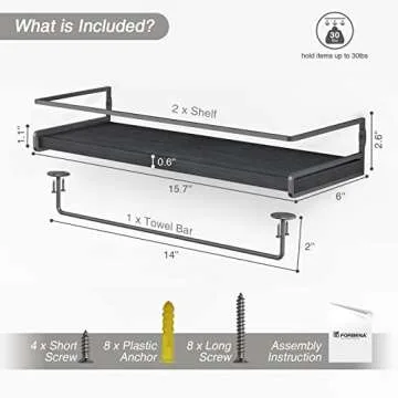 Forbena Black Floating Shelves for Bathroom Wall Set of 2, Kitchen Spice Rack Wall Mount, Modern Wood Hanging Wall Shelves for Bedroom Organizer, Restroom Pantry Closet Storage (Grey-Black)