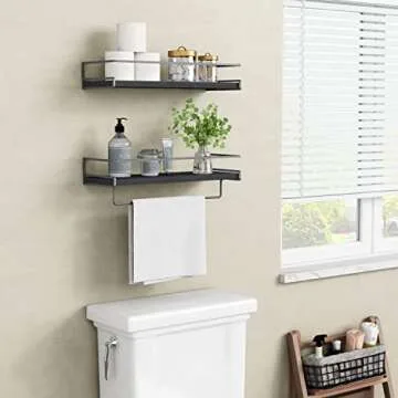 Forbena Black Floating Shelves for Bathroom Wall Set of 2, Kitchen Spice Rack Wall Mount, Modern Wood Hanging Wall Shelves for Bedroom Organizer, Restroom Pantry Closet Storage (Grey-Black)