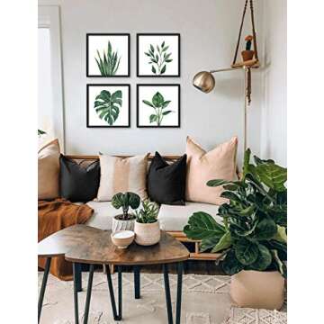 ArtbyHannah Bathroom Wall Art Set of 4 Botanical Wall Decor Green Plant Picture Frame Prints for Home Bedroom Restroom Decoration (Black, 10x10)