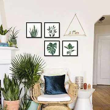 ArtbyHannah Bathroom Wall Art Set of 4 Botanical Wall Decor Green Plant Picture Frame Prints for Home Bedroom Restroom Decoration (Black, 10x10)