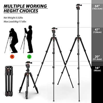 GEEKOTO 64" Camera Tripod, Compact Aluminum Tripod with 360 Degree Panorama Ball Head 1/4 inch Quick...