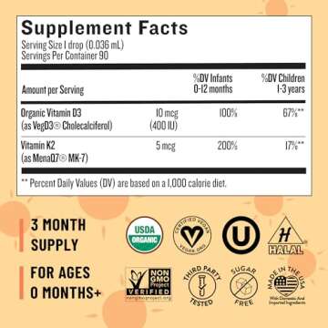 Legendairy Milk Organic Baby Vitamin D3 K2 Liquid Drops, 400 IU of Baby Vitamin D Drops for Infants with K2 Drops, Vitamin D Drops for Newborns, Toddlers, and Kids, Vegan, 90 Drops Liquid