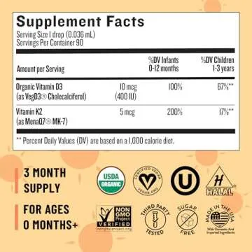 Legendairy Milk Organic Baby Vitamin D3 K2 Liquid Drops, 400 IU of Baby Vitamin D Drops for Infants with K2 Drops, Vitamin D Drops for Newborns, Toddlers, and Kids, Vegan, 90 Drops Liquid