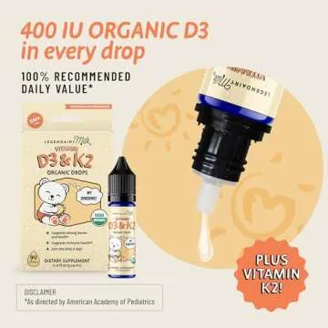 Legendairy Milk Organic Baby Vitamin D3 K2 Liquid Drops, 400 IU of Baby Vitamin D Drops for Infants with K2 Drops, Vitamin D Drops for Newborns, Toddlers, and Kids, Vegan, 90 Drops Liquid