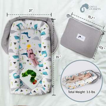 Joyful Journeys Baby Lounger - 2 in 1 Infant Lounger Baby Nest/Diaper Organizer - 100% Cotton Lounger Pillow - Portable Baby Lounger Travel Bed - Newborn Essential - 0-18 Months (Blue Dinosaur)