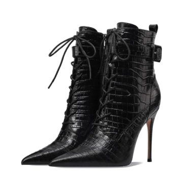 FYS Women's Fashion Pointed Toe Crocodile Ankle Boots Sexy Stiletto High Heel Lace Up Short Booties ...