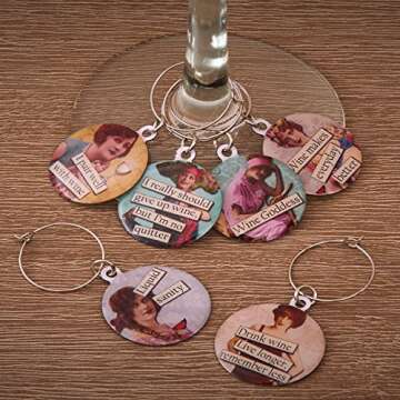 Savvy Designs Funny Vintage Women Wine Glass Charms - Set of 6 Wine Tags. Always Know which Glass is Yours with These Wine Markers!