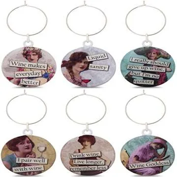 Savvy Designs Funny Vintage Women Wine Glass Charms - Set of 6 Wine Tags. Always Know which Glass is Yours with These Wine Markers!