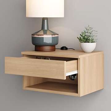 Nathan James Jackson Wall Mounted Floating Bedroom Nightstand with Storage Drawer and Modern Open Shelf Cubby Set of 2, Light Oak Wood