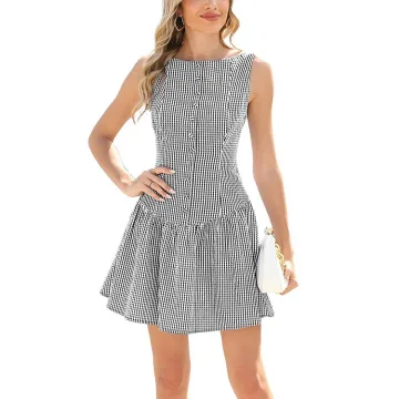 Yeokou Womens Boat Neck Sleeveless Dress Gingham Plaid Pleated Mini Summer Dress