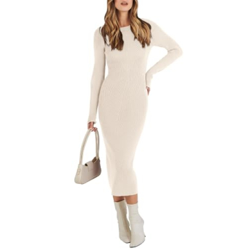 ANRABESS Women Long Sleeve Crewneck Sweater Dress Ribbed Knit Stretch Slim Fit Bodycon Midi Dresses ...