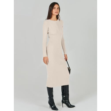Elegant ANRABESS Women Long Sleeve Ribbed Knit Dress