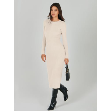 Elegant ANRABESS Women Long Sleeve Ribbed Knit Dress
