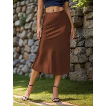 Women's Satin High Waist Ruffle Hidden Elasticized Waistband Casual A Line Midi Skirt (Brown, Large)