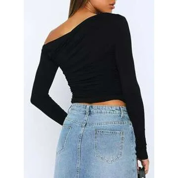 Womens Long Sleeve Off The Shoulder Tops Going Out Crop Tops Casual Y2K Slim Fit T Shirts(Black, Medium)