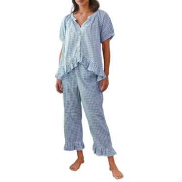Argeousgor Women Plaid 2 Piece Pajama Set Button Down Puff Sleeve Babydoll Shirt Gingham Pants Pj Lo...