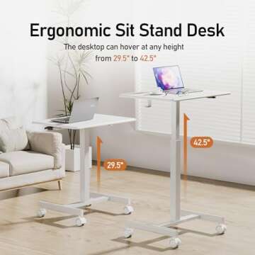 JUNHEDAMAI Mobile Standing Desk Adjustable Height, Portable Rolling Laptop Desk with Lockable Wheels and Hook, Sit Stand Up Desk, Standing Rolling Cart Desk with Gas Spring for Home, Office, Hospital