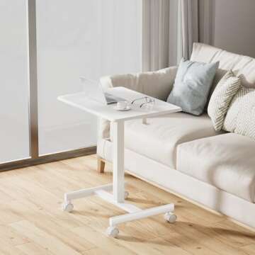 JUNHEDAMAI Mobile Standing Desk Adjustable Height, Portable Rolling Laptop Desk with Lockable Wheels and Hook, Sit Stand Up Desk, Standing Rolling Cart Desk with Gas Spring for Home, Office, Hospital