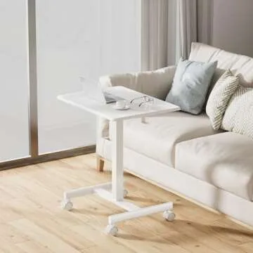 JUNHEDAMAI Mobile Standing Desk Adjustable Height, Portable Rolling Laptop Desk with Lockable Wheels and Hook, Sit Stand Up Desk, Standing Rolling Cart Desk with Gas Spring for Home, Office, Hospital