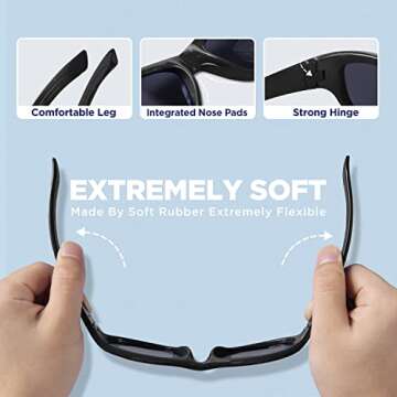 RIVBOS Kids Sunglasses Boys with Strap Polarized Rubber Flexible Shades for Toddler and Children Age 3-10 RBK025-2 Black