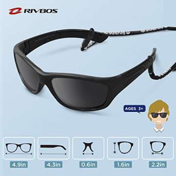 RIVBOS Kids Sunglasses Boys with Strap Polarized Rubber Flexible Shades for Toddler and Children Age 3-10 RBK025-2 Black
