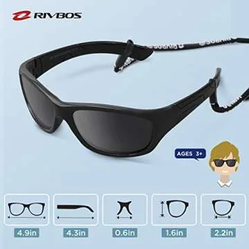 RIVBOS Kids Sunglasses Boys with Strap Polarized Rubber Flexible Shades for Toddler and Children Age 3-10 RBK025-2 Black