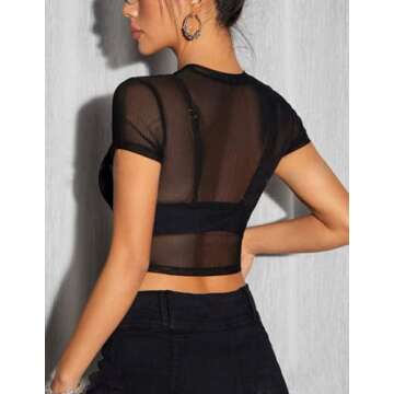 Avidlove Mesh Crop Tee Short Sleeve See Thru Shirts Sexy Sheer Tops for Women Y2K Outfits Black S