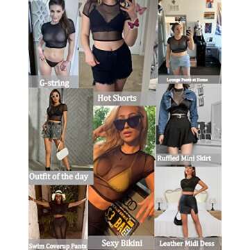 Avidlove Mesh Crop Tee Short Sleeve See Thru Shirts Sexy Sheer Tops for Women Y2K Outfits Black S